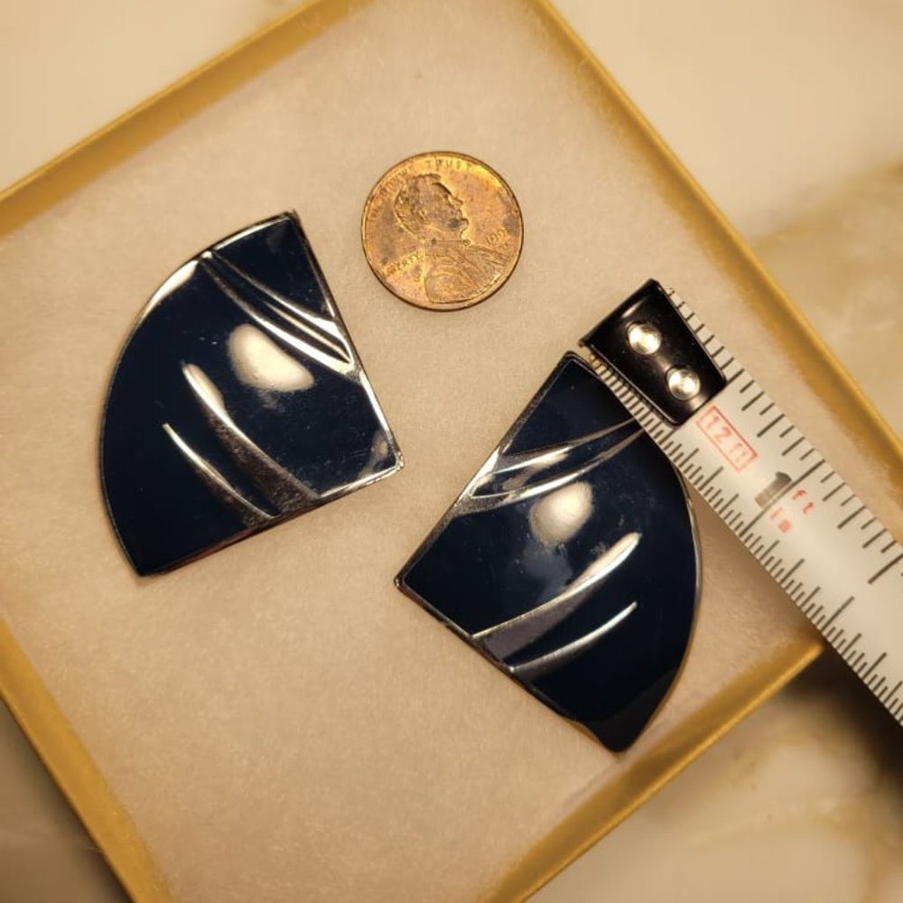 Vintage 80s Navy Enamel and Chrome Earrings